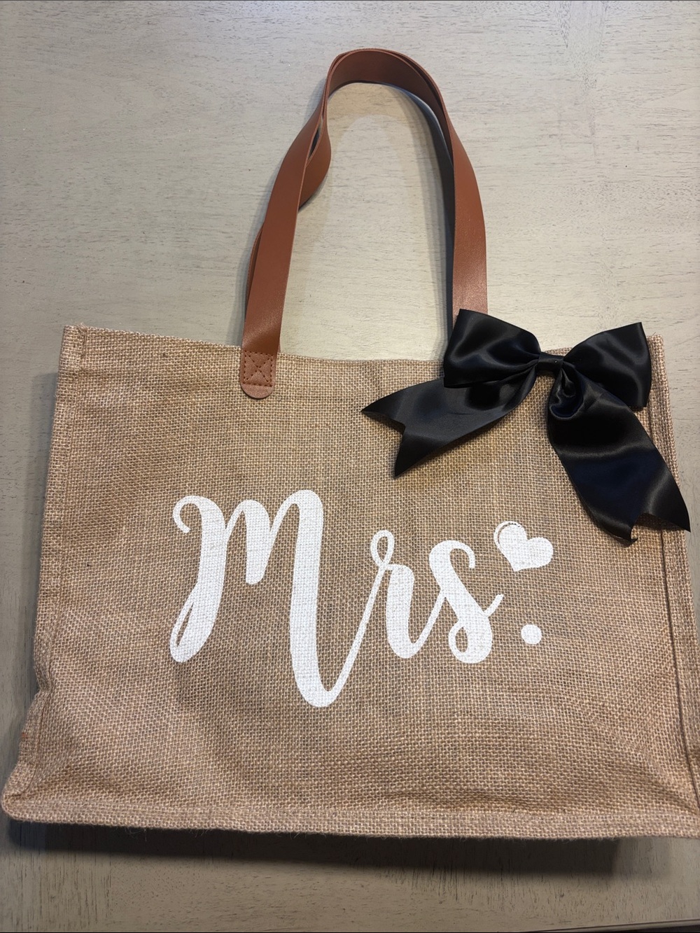 Mrs. Jute Tote with Black Bow and Tan Handles